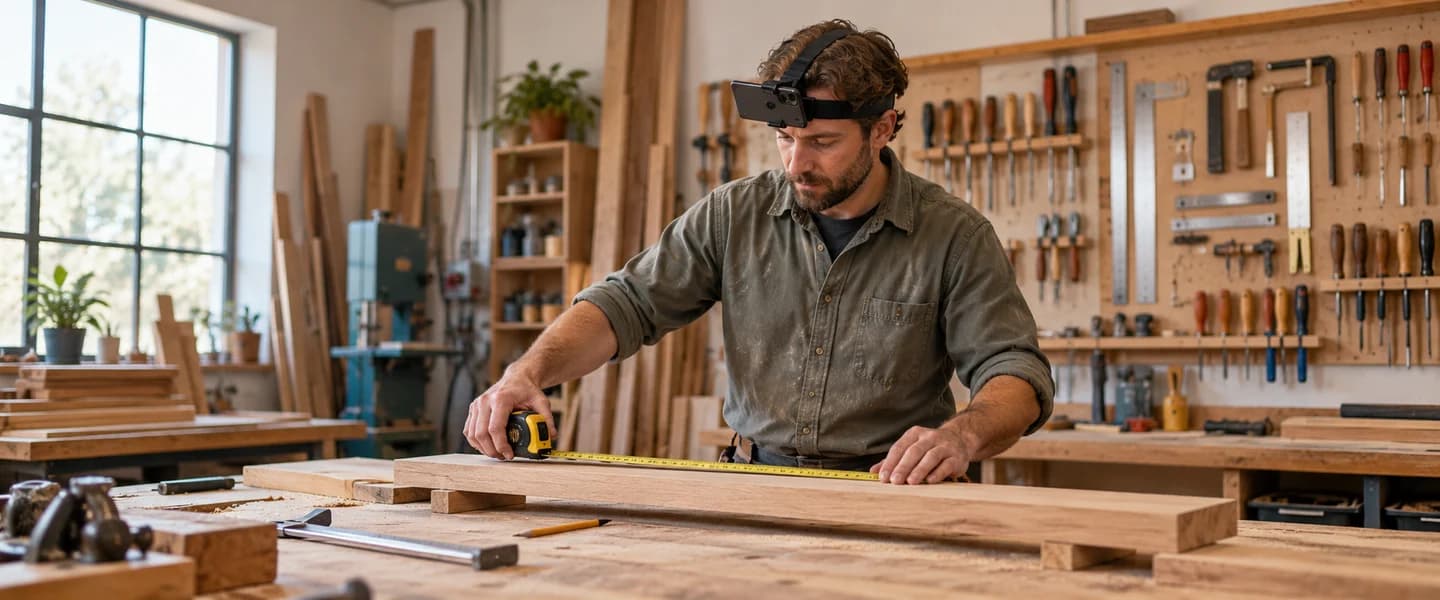 A tradesperson measuring timber while wearing a recording headset